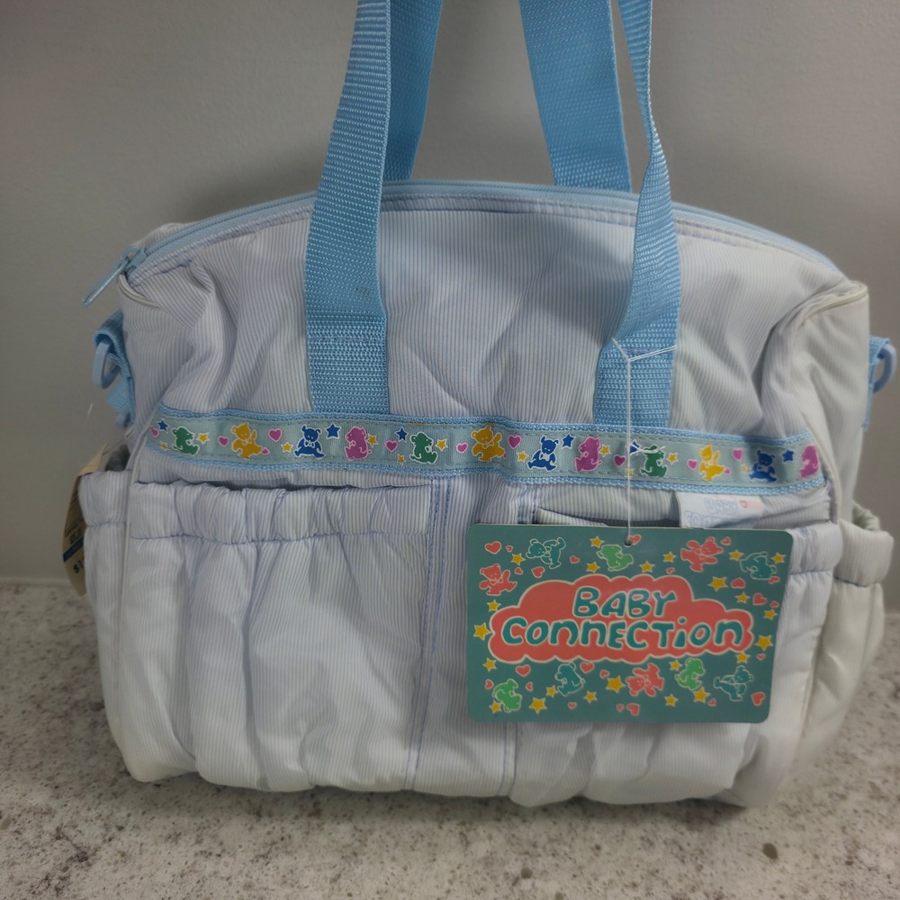 Baby Connection Vintage Diaper Bag Blue Pinstripe Teddy Bear Changing Pad NWT
